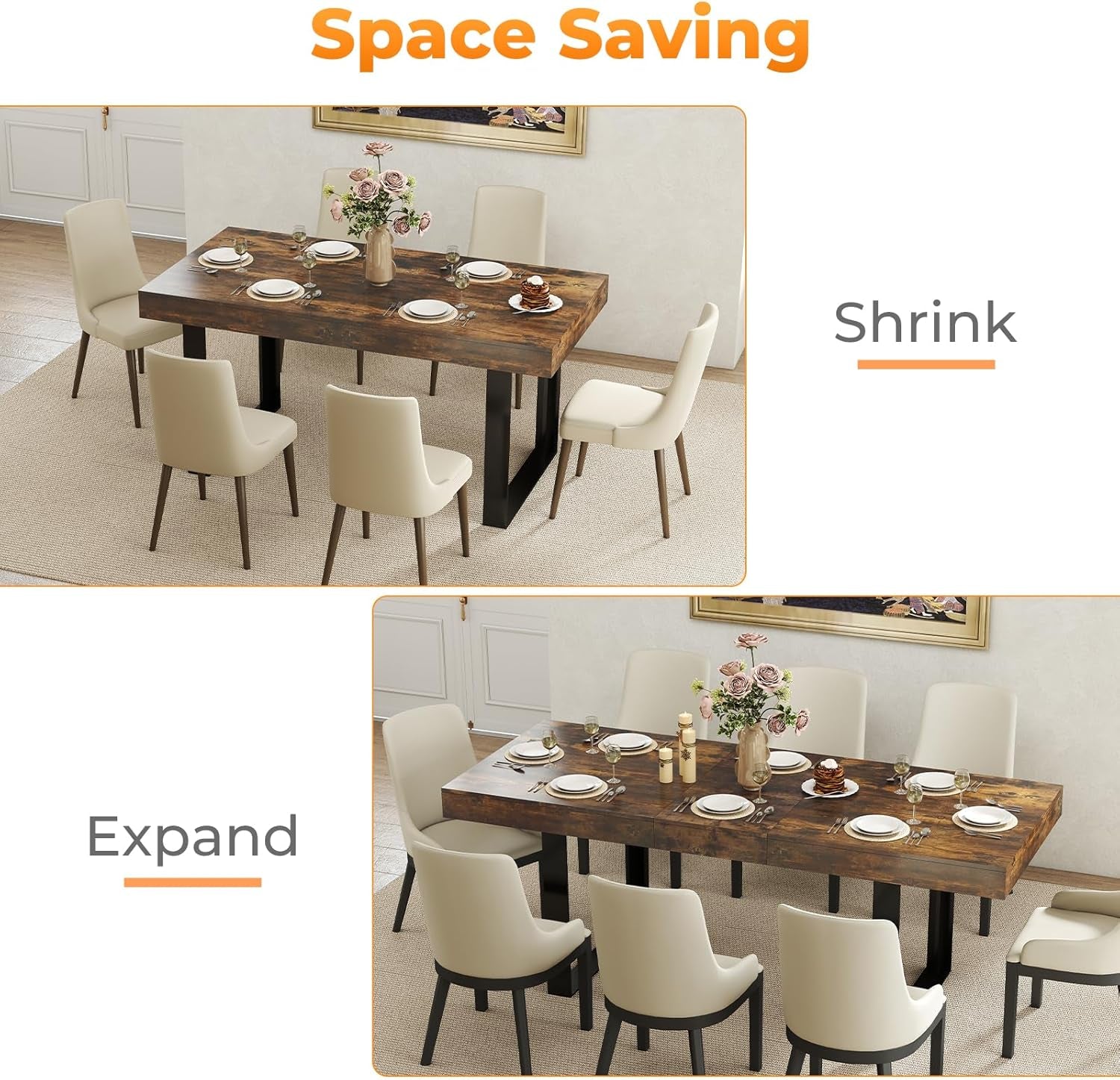 Expandable Rustic Brown Rectangular Dining Table 63in