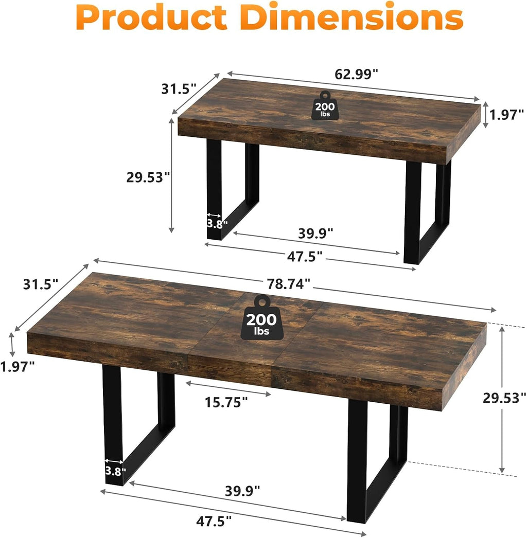 Expandable Rustic Brown Rectangular Dining Table 63in