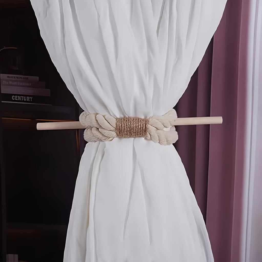 Boho Curtain Tie Backs | Natural Hemp Rope & Wood | Rustic Home Decor - Set of 2