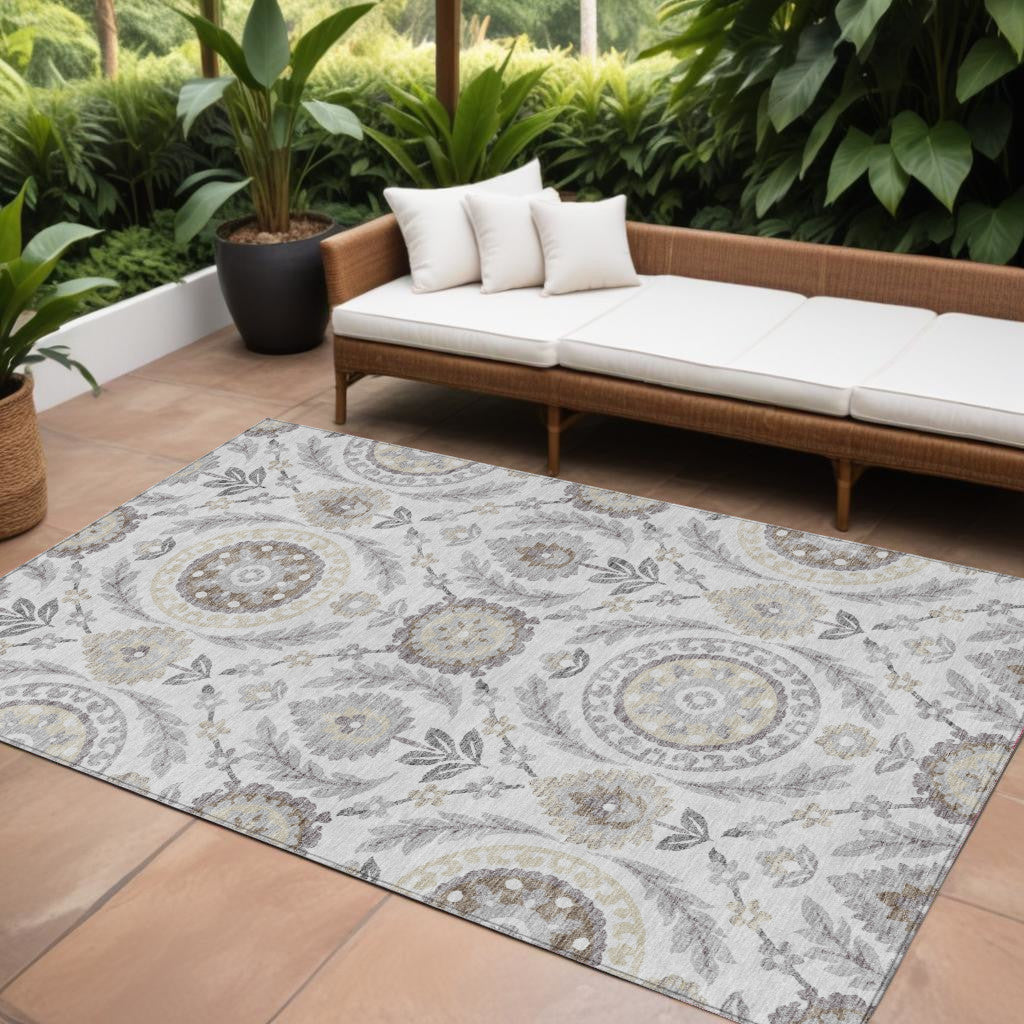 8' X 10' Silver Gray And Taupe Floral Washable Indoor Outdoor Area Rug