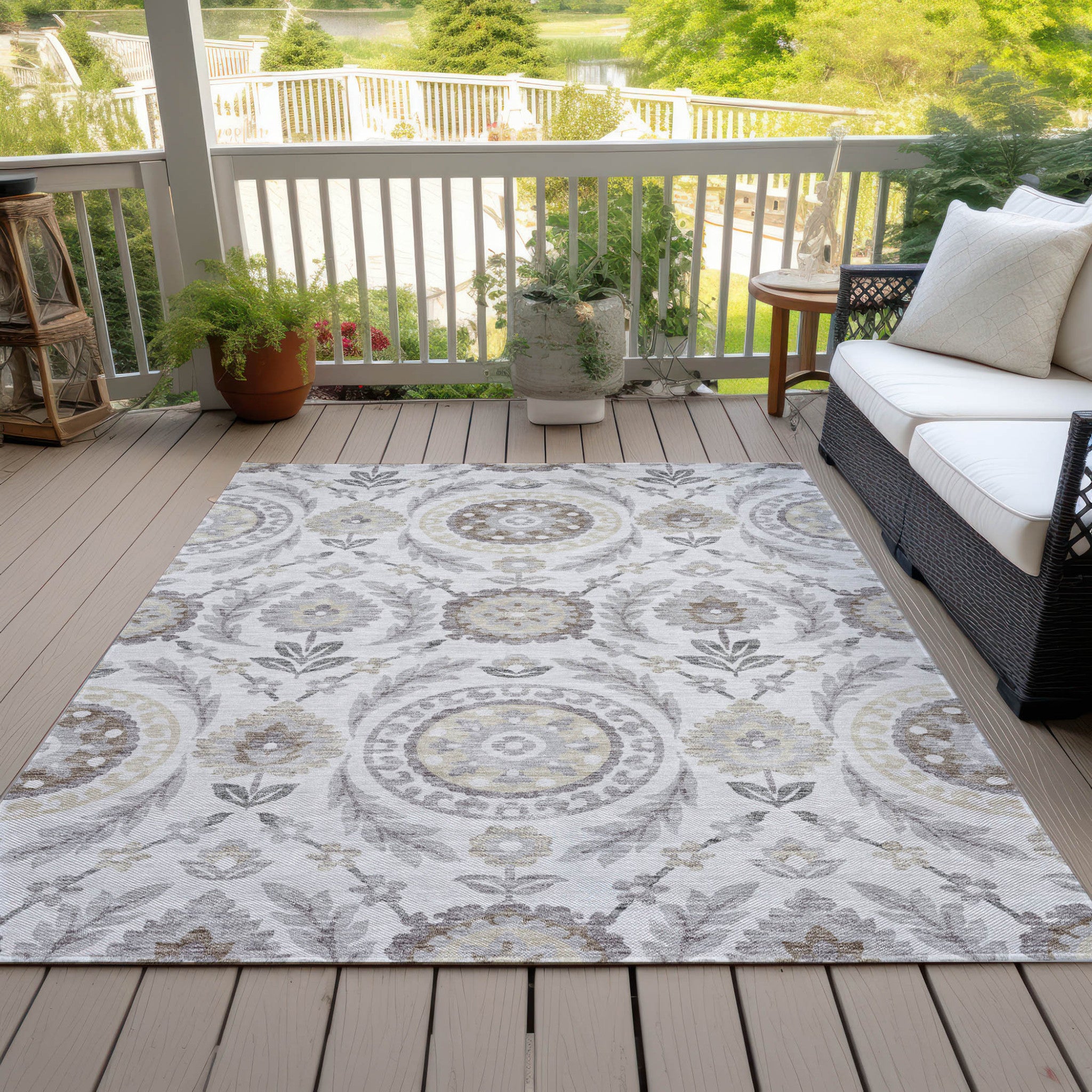 8' X 10' Silver Gray And Taupe Floral Washable Indoor Outdoor Area Rug