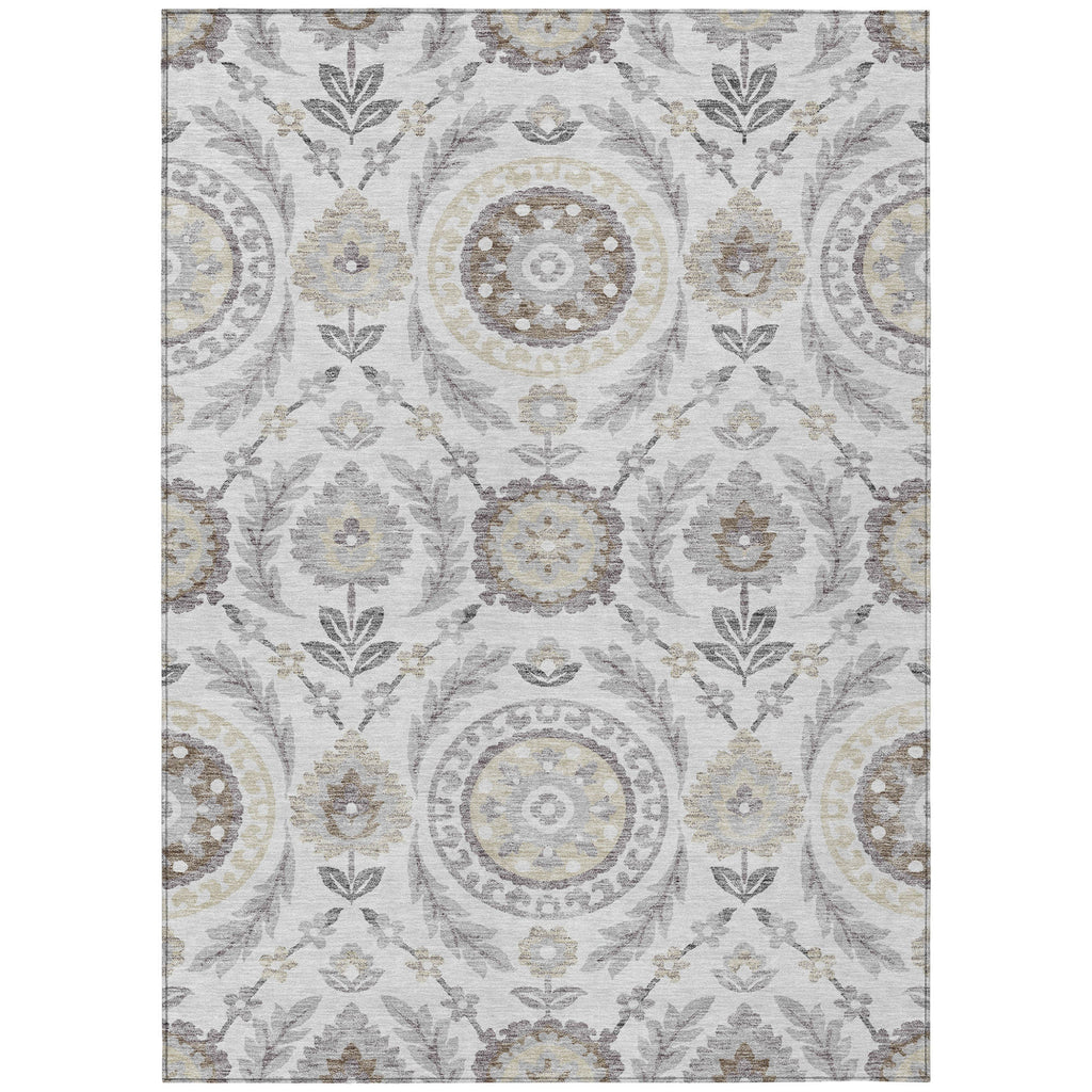 8' X 10' Silver Gray And Taupe Floral Washable Indoor Outdoor Area Rug
