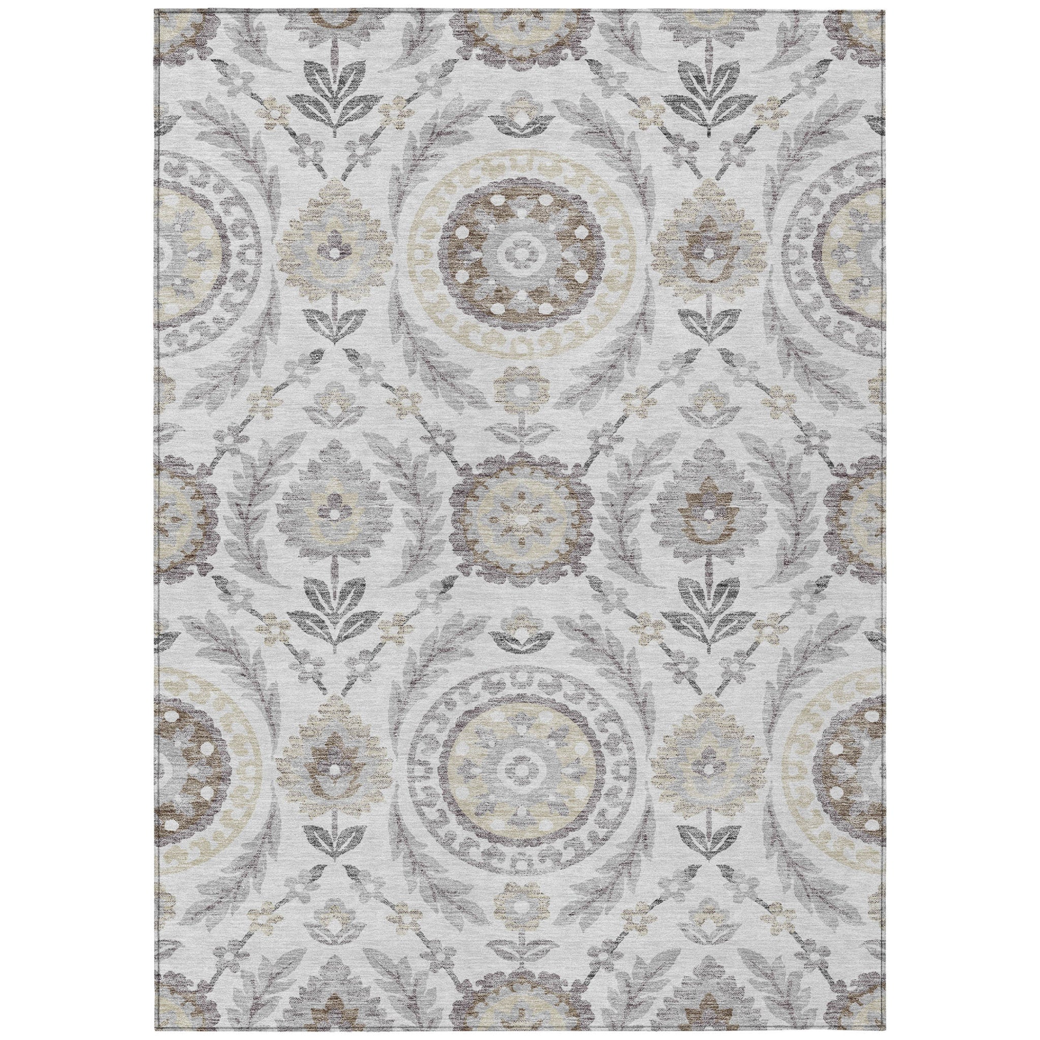 8' X 10' Silver Gray And Taupe Floral Washable Indoor Outdoor Area Rug