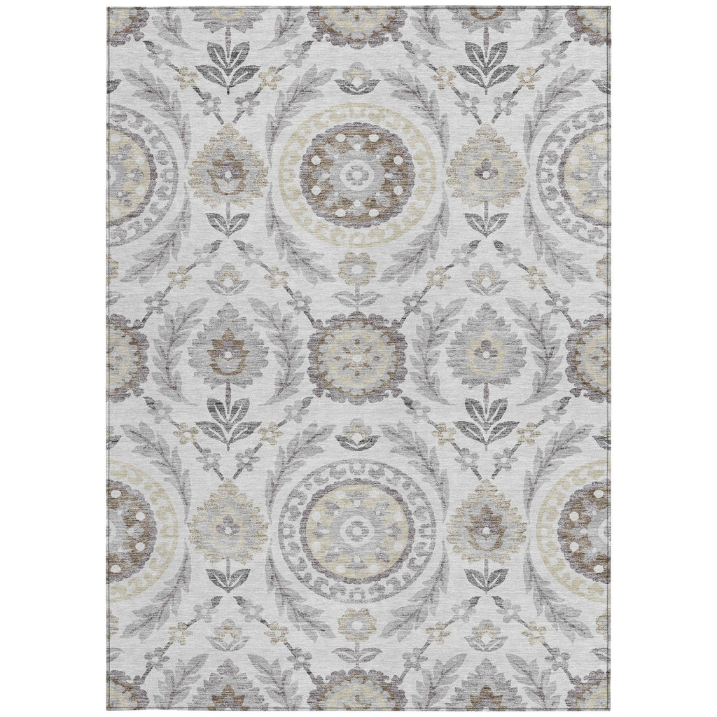 8' X 10' Silver Gray And Taupe Floral Washable Indoor Outdoor Area Rug