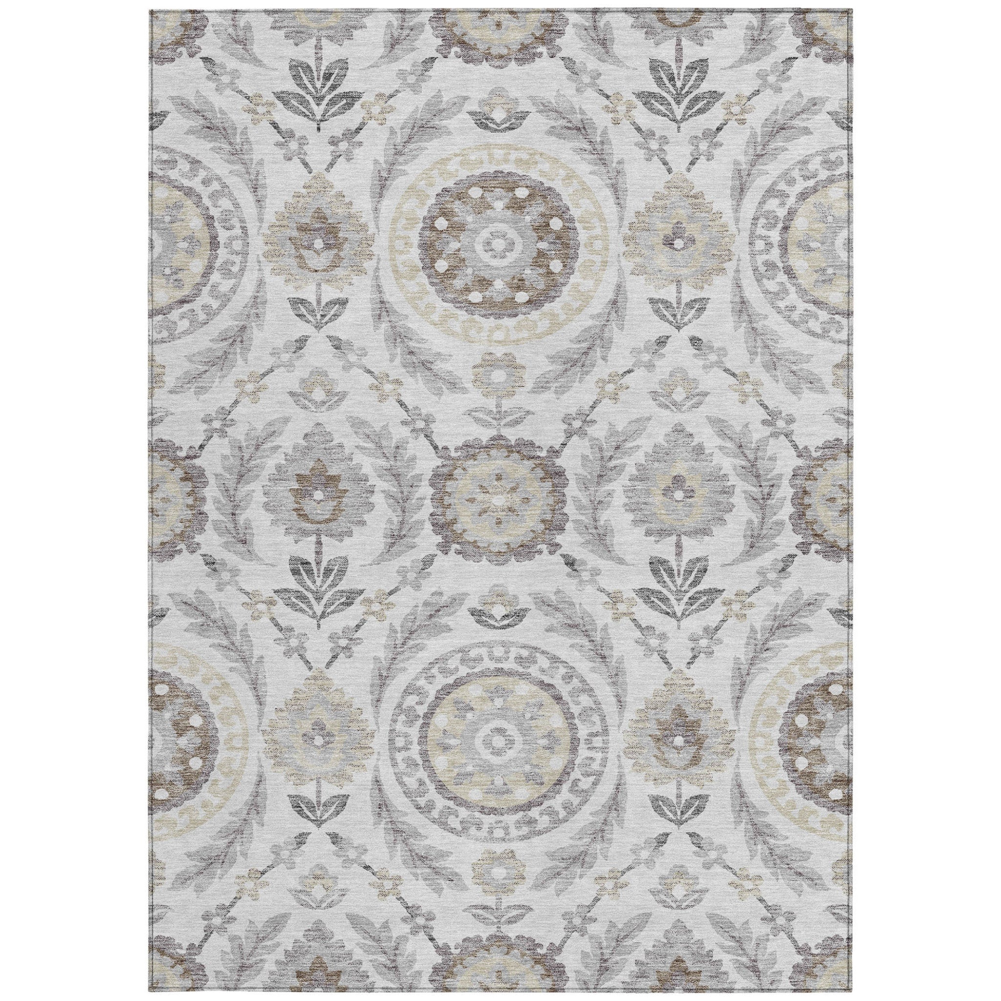 8' X 10' Silver Gray And Taupe Floral Washable Indoor Outdoor Area Rug