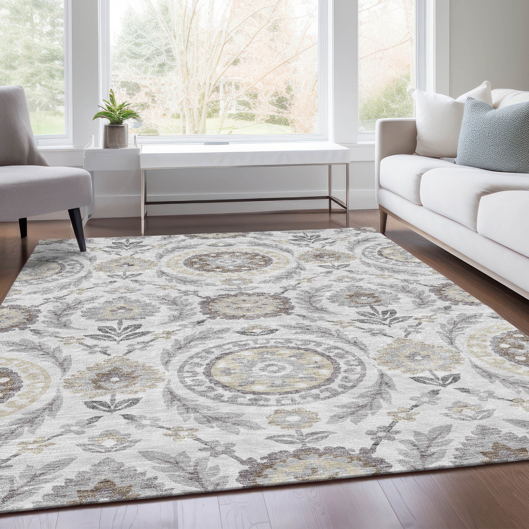 8' X 10' Silver Gray And Taupe Floral Washable Indoor Outdoor Area Rug