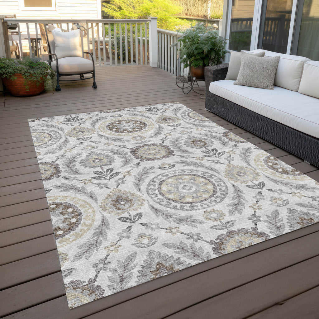 8' X 10' Silver Gray And Taupe Floral Washable Indoor Outdoor Area Rug