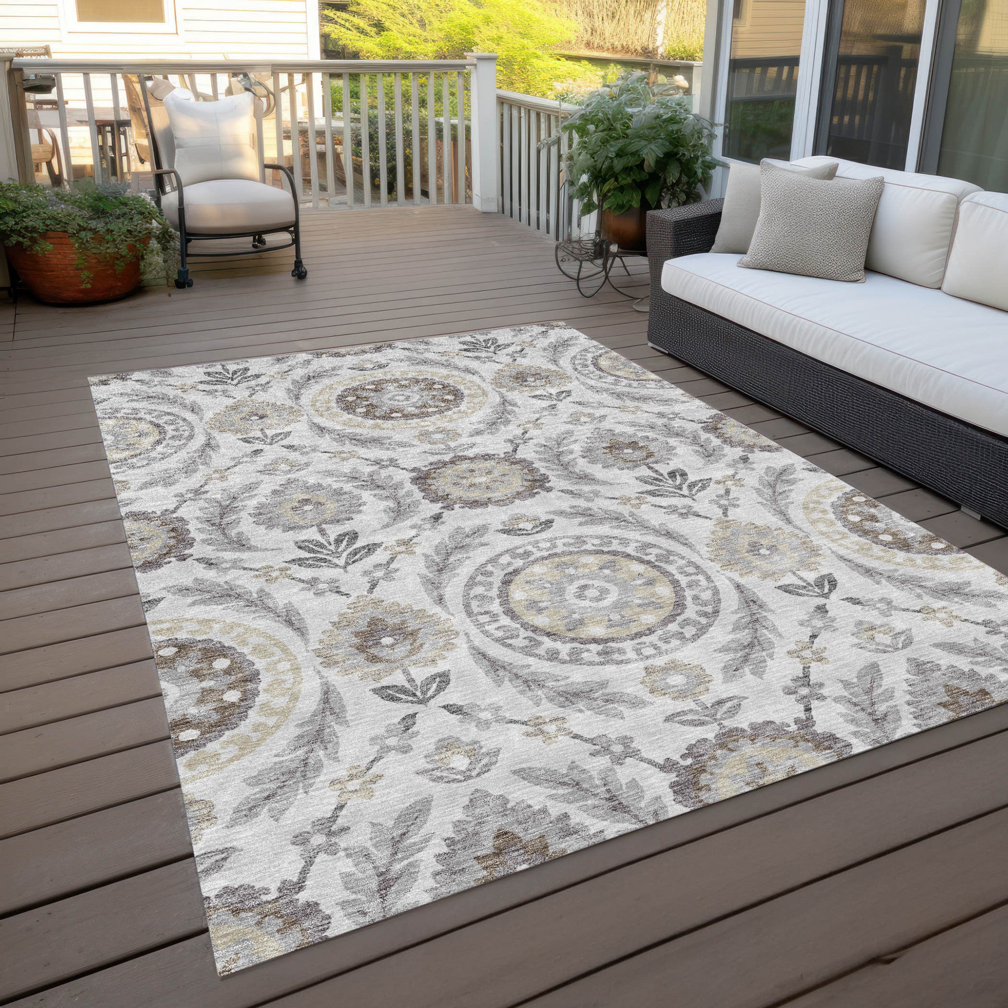 8' X 10' Silver Gray And Taupe Floral Washable Indoor Outdoor Area Rug