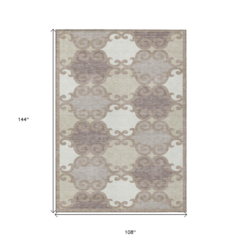 9' X 12' Taupe Beige And Gray Trellis Washable Indoor Outdoor Area Rug