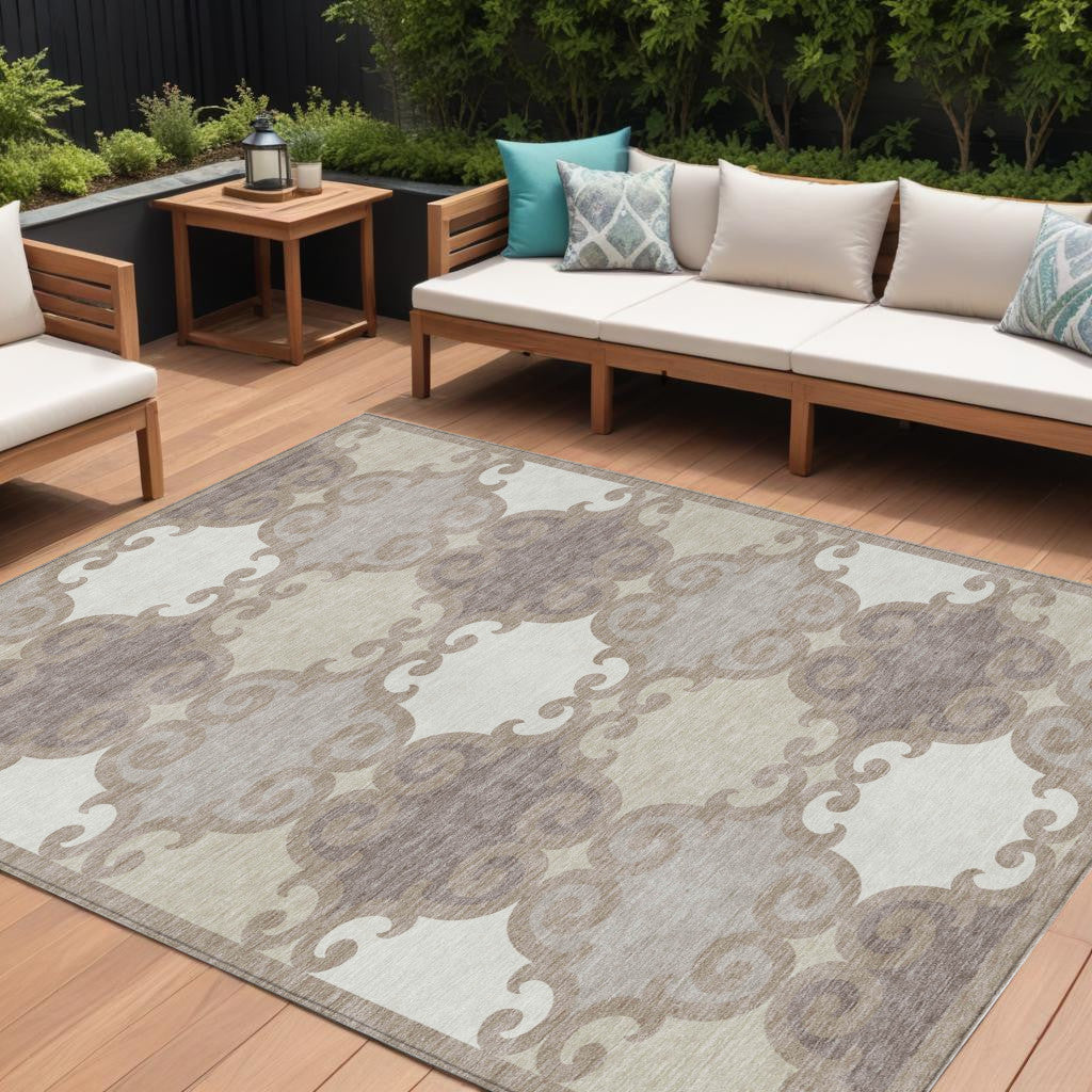 9' X 12' Taupe Beige And Gray Trellis Washable Indoor Outdoor Area Rug