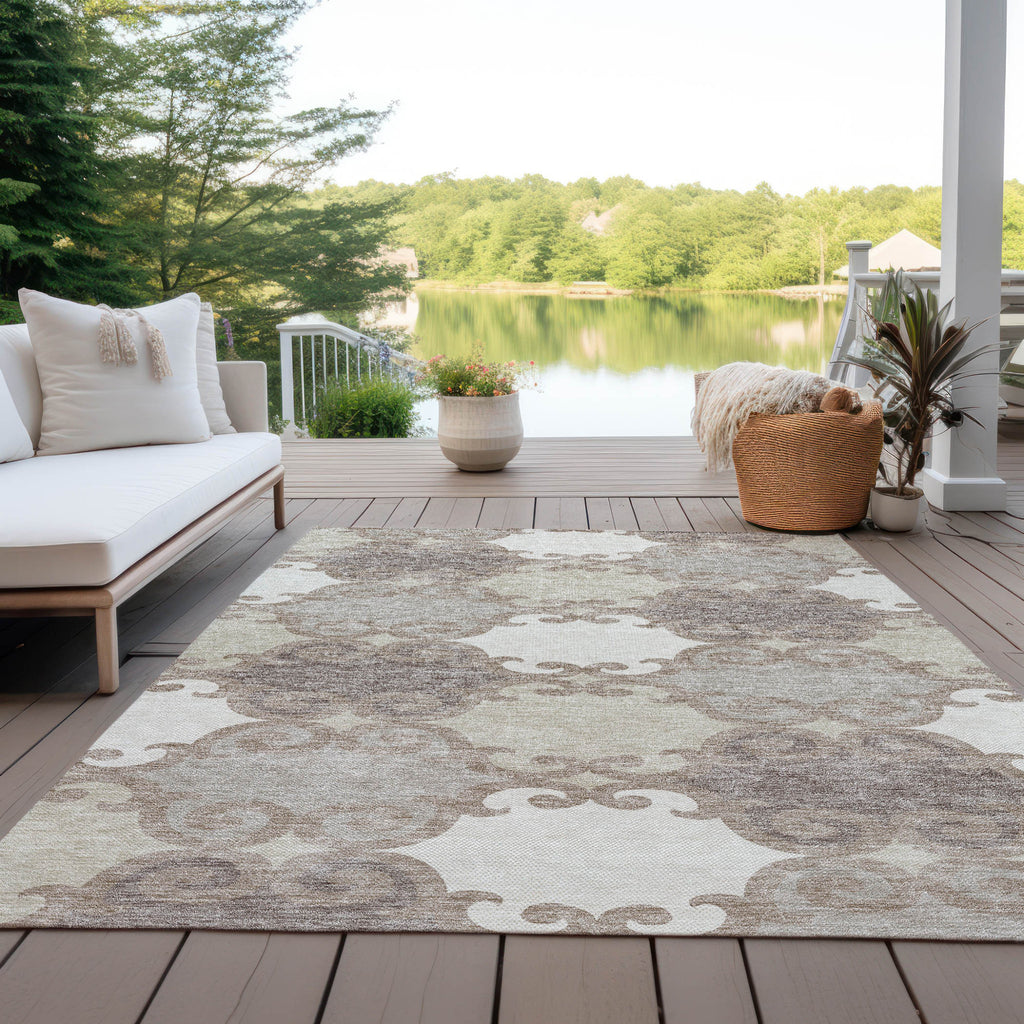 9' X 12' Taupe Beige And Gray Trellis Washable Indoor Outdoor Area Rug