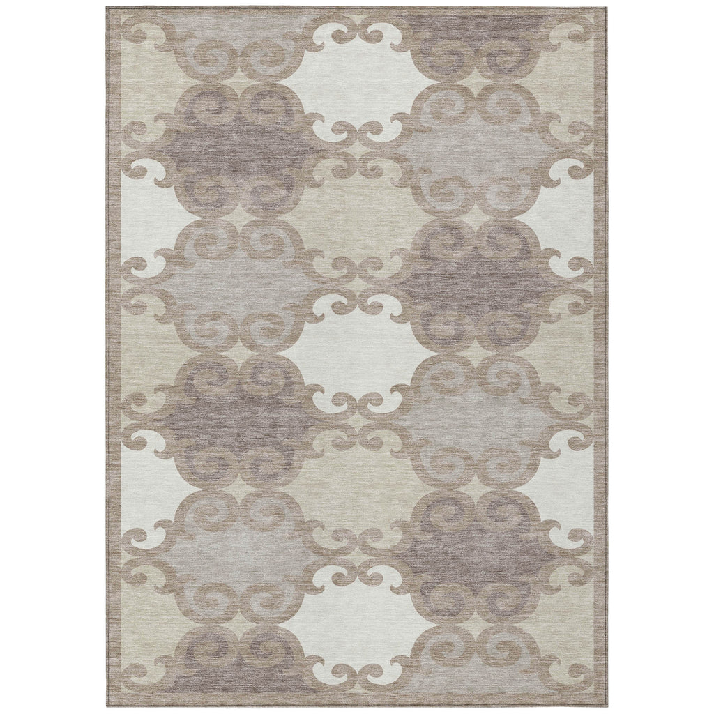 9' X 12' Taupe Beige And Gray Trellis Washable Indoor Outdoor Area Rug