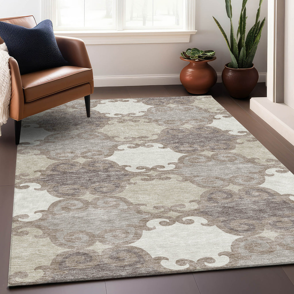 9' X 12' Taupe Beige And Gray Trellis Washable Indoor Outdoor Area Rug