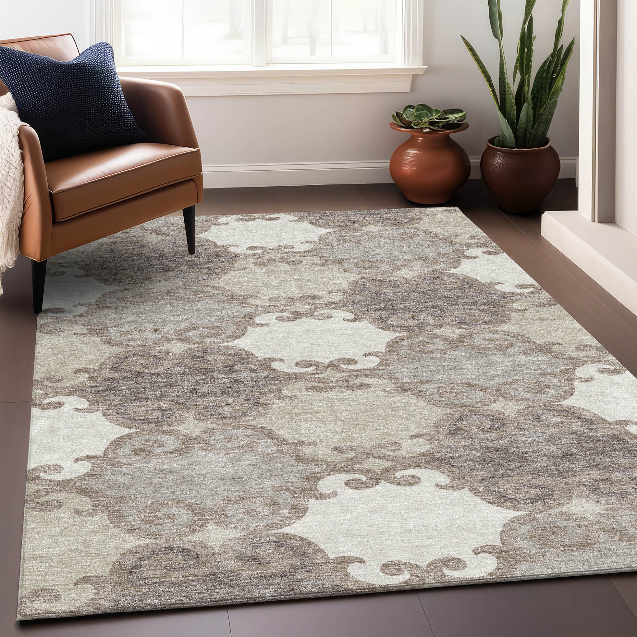 9' X 12' Taupe Beige And Gray Trellis Washable Indoor Outdoor Area Rug