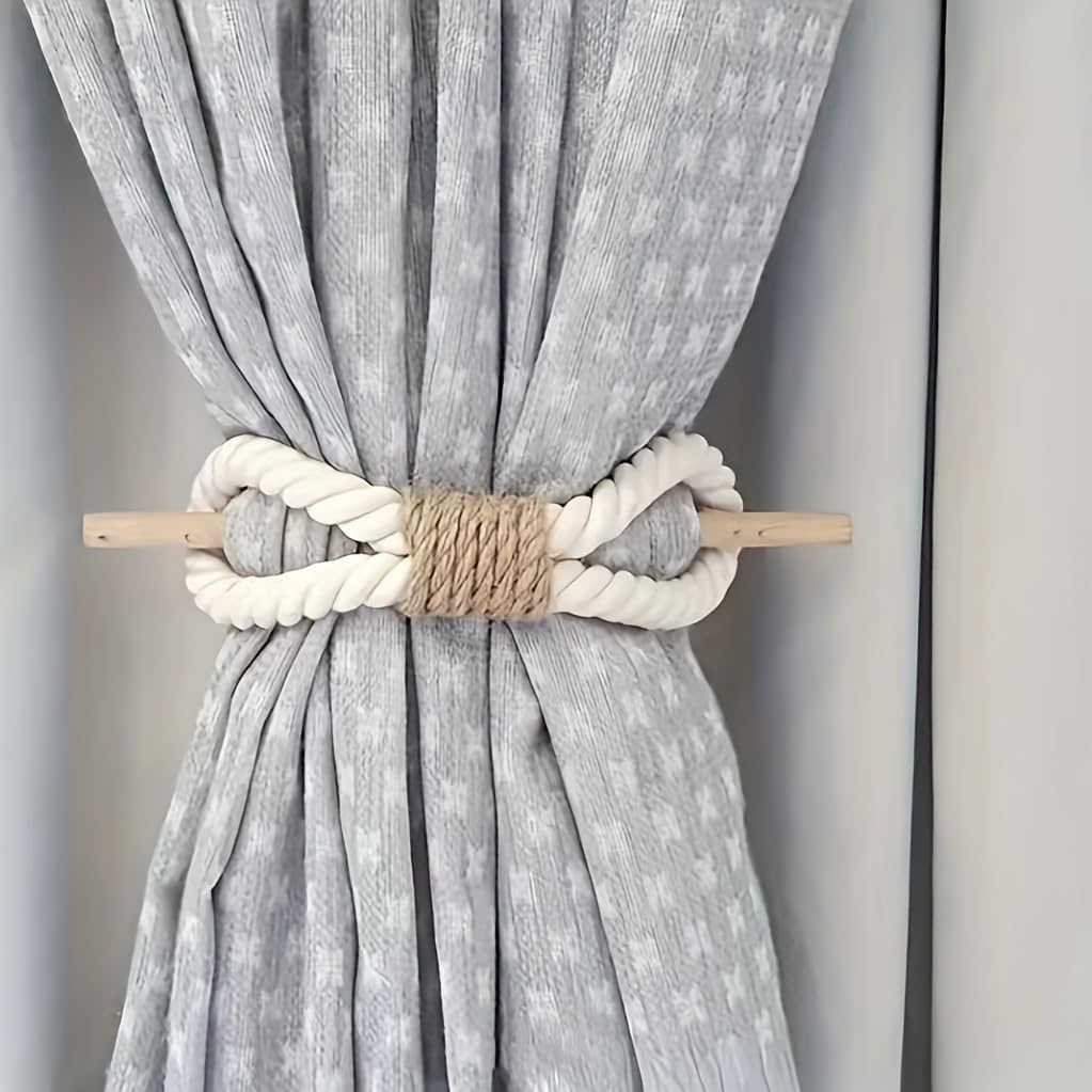 Boho Curtain Tie Backs | Natural Hemp Rope & Wood | Rustic Home Decor - Set of 2