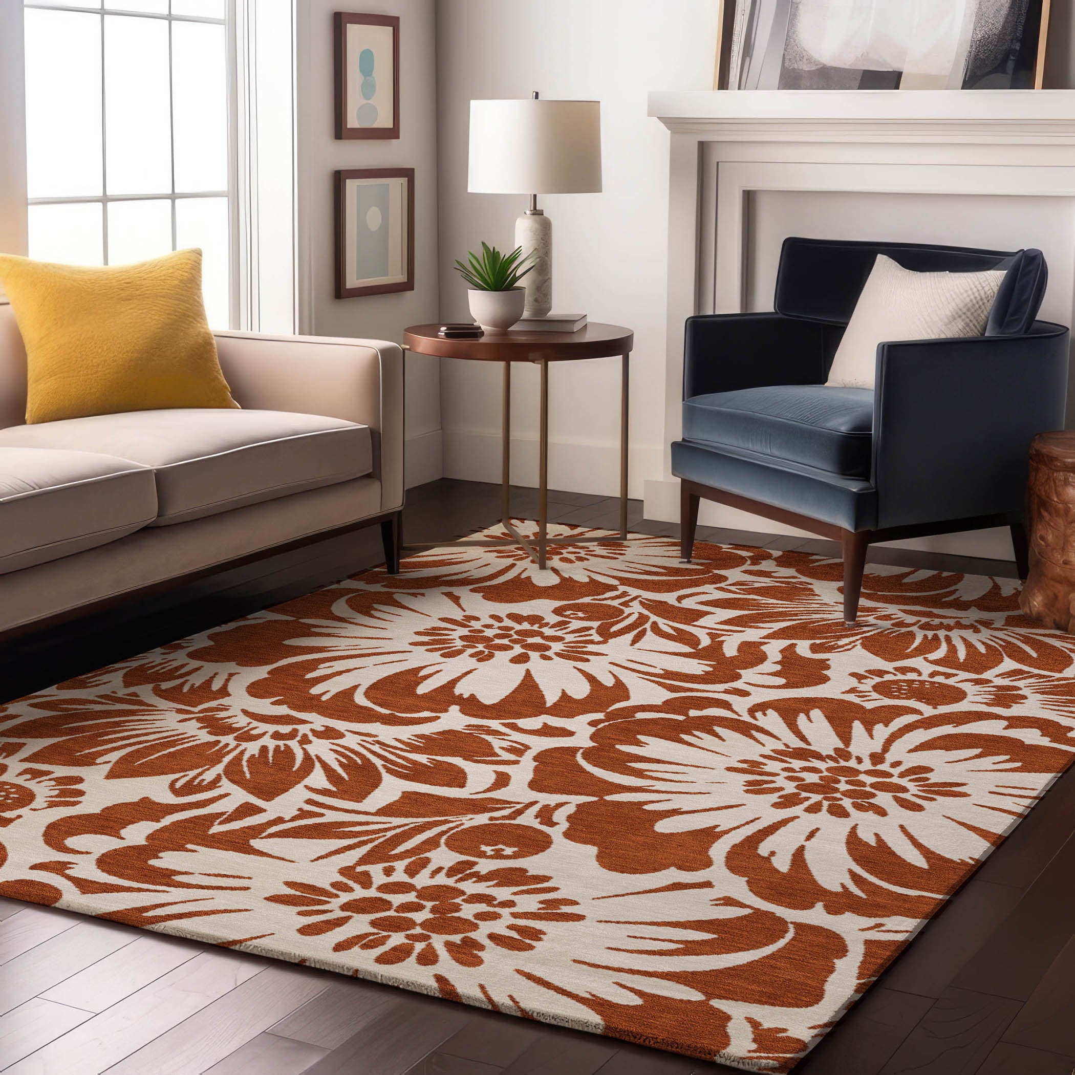 5' X 8' Rust And Ivory Floral Washable Area Rug With UV Protection