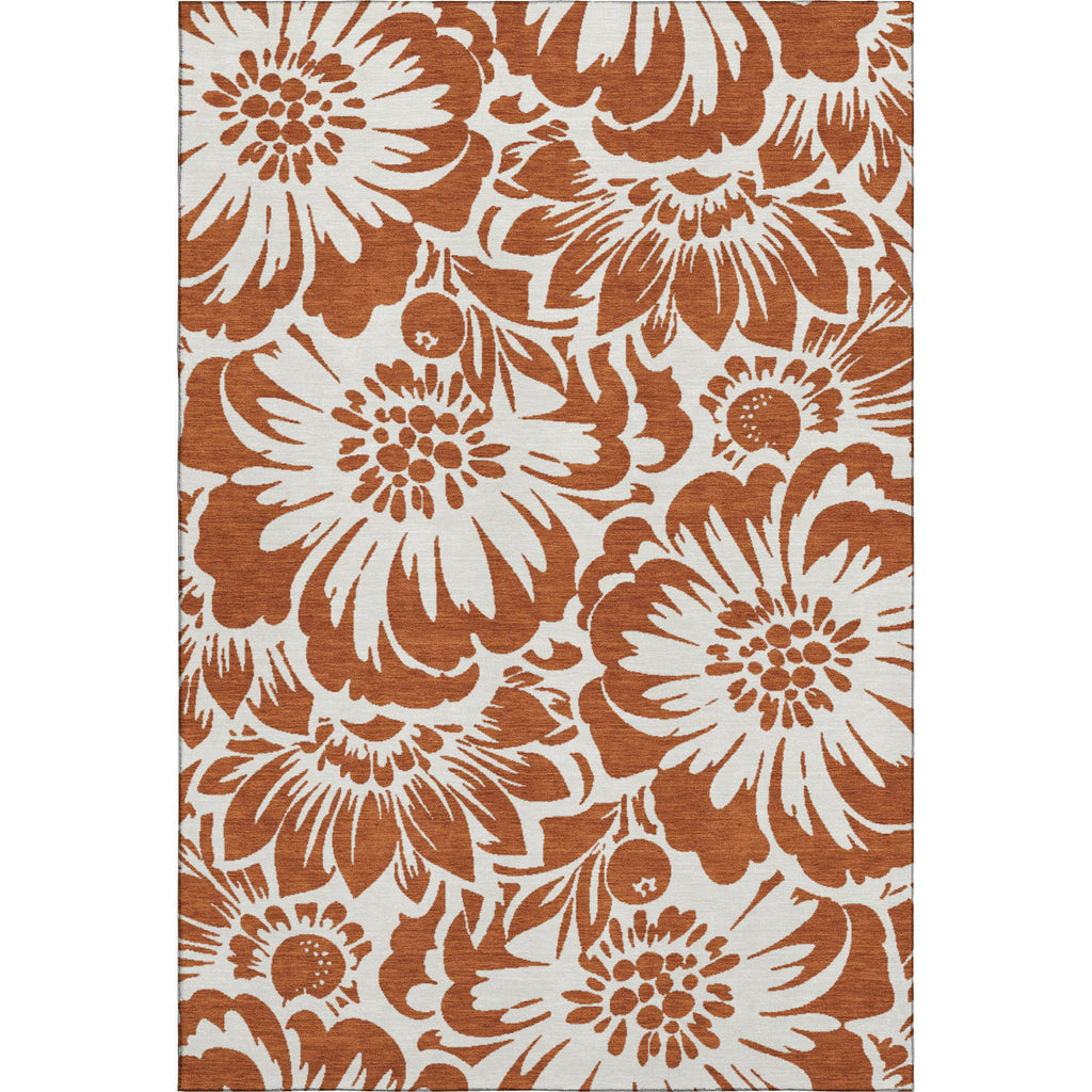 5' X 8' Rust And Ivory Floral Washable Area Rug With UV Protection