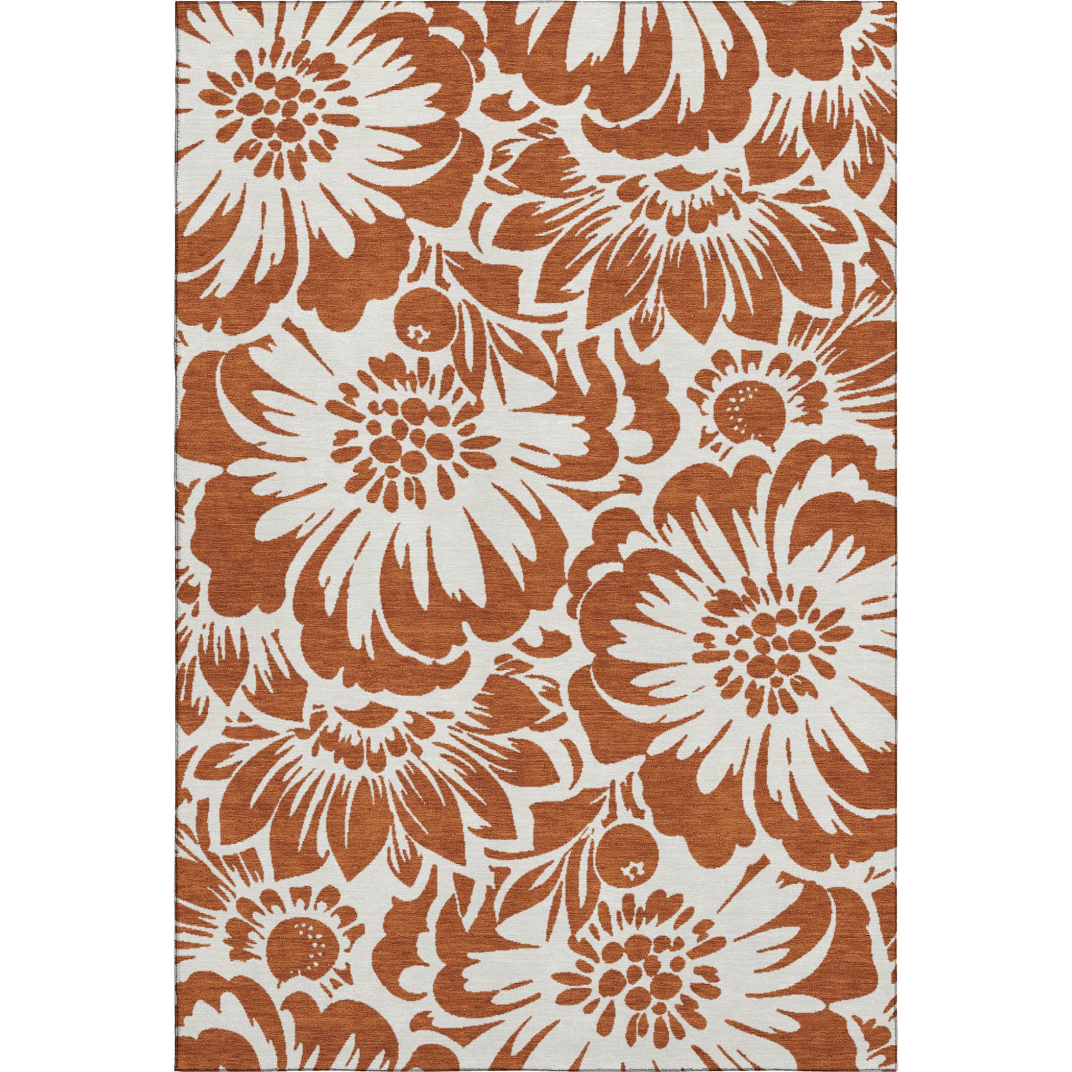 5' X 8' Rust And Ivory Floral Washable Area Rug With UV Protection