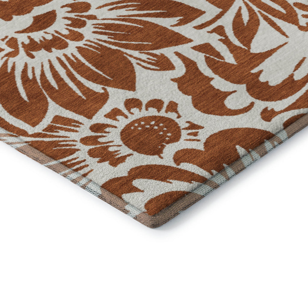 5' X 8' Rust And Ivory Floral Washable Area Rug With UV Protection