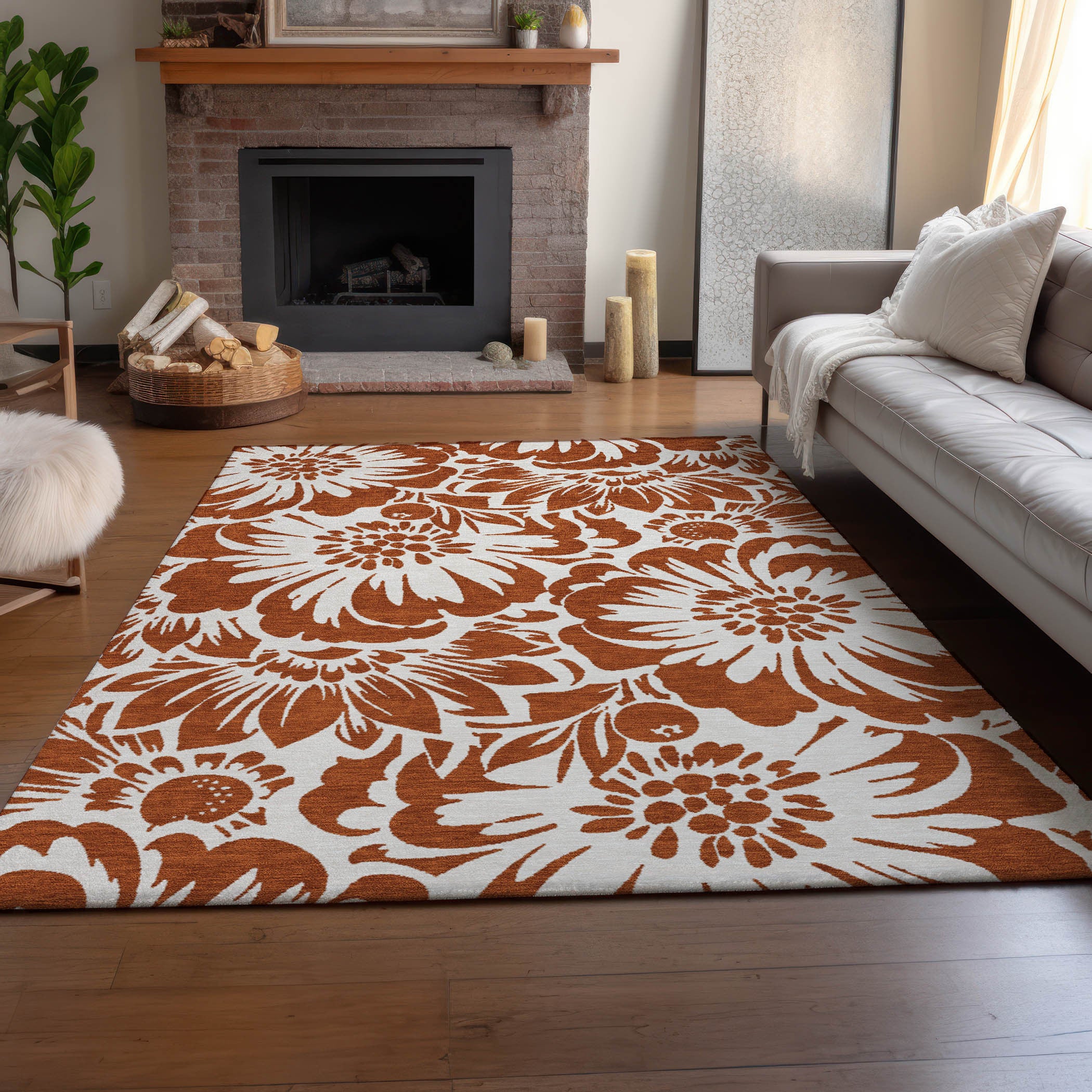 5' X 8' Rust And Ivory Floral Washable Area Rug With UV Protection