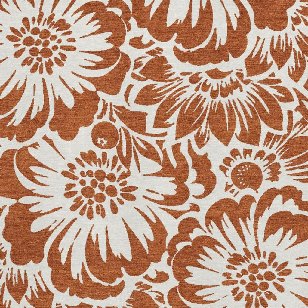 5' X 8' Rust And Ivory Floral Washable Area Rug With UV Protection