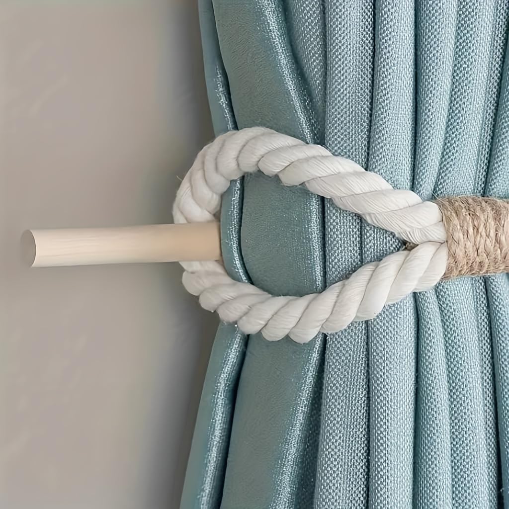 Boho Curtain Tie Backs | Natural Hemp Rope & Wood | Rustic Home Decor - Set of 2