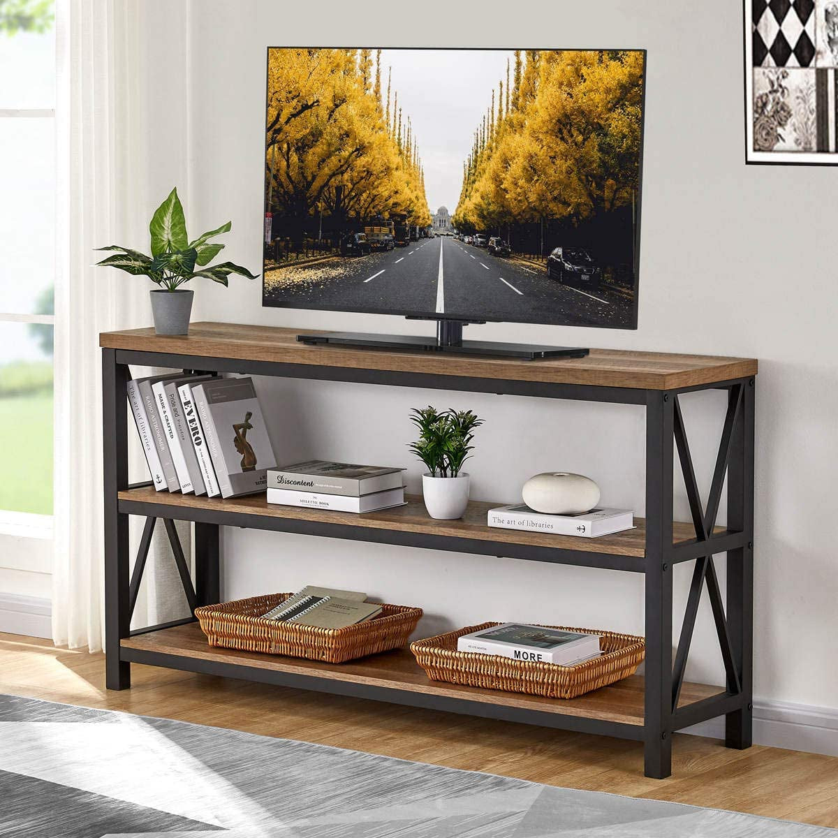 Rustic Wood Console Table with 3 Shelves