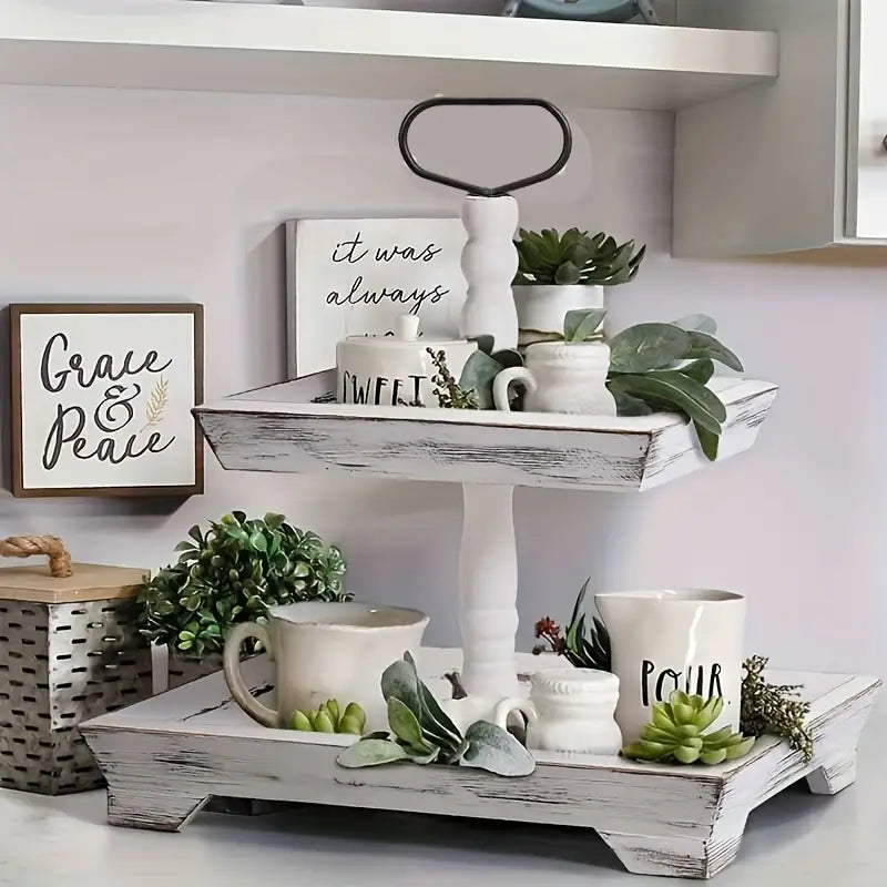 NNETM Rustic Wood Tiered Tray Stand - Farmhouse Chic Daily Decor