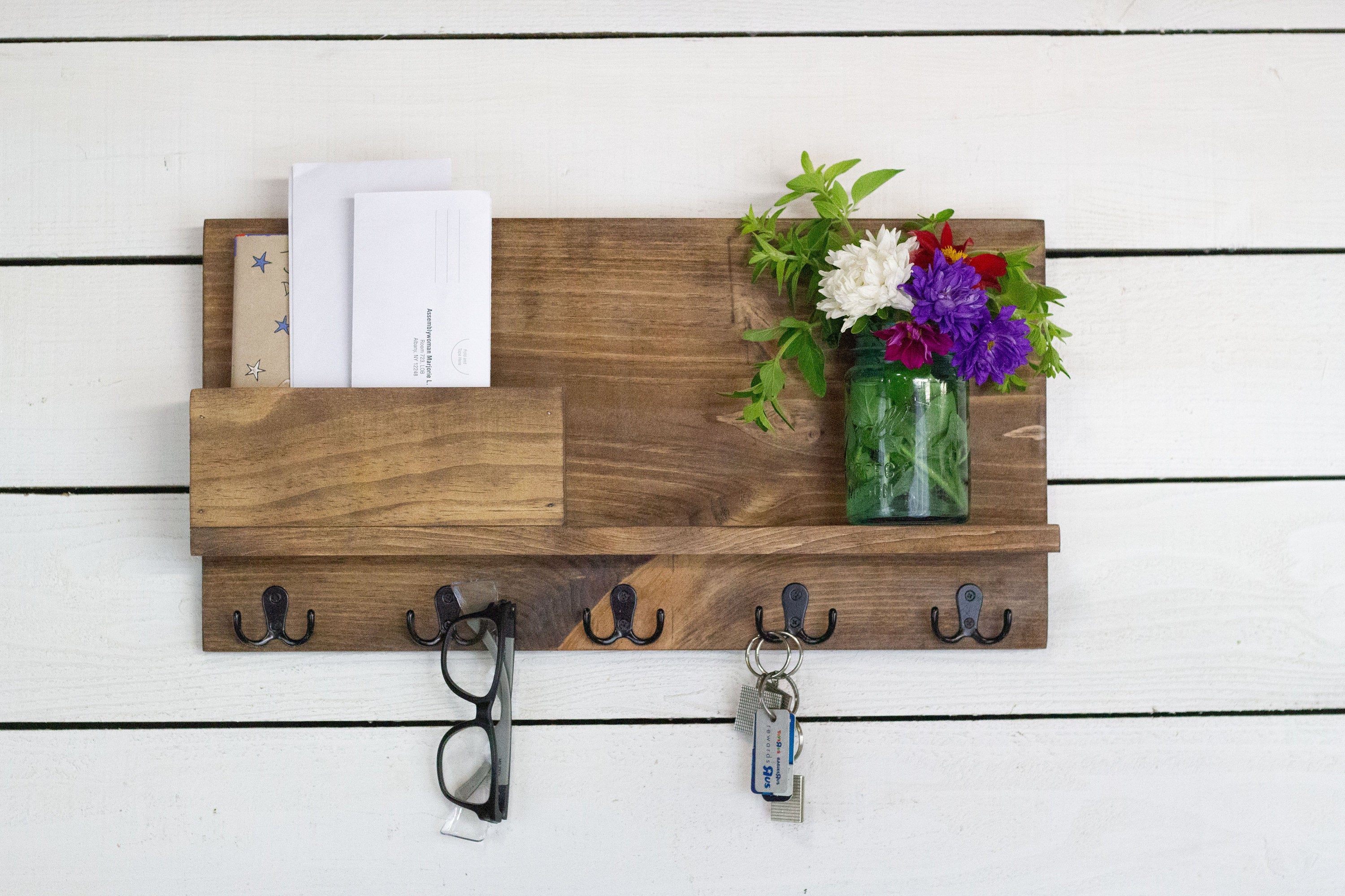 Solid Front Mail Holder with Shelf and Key Hooks.