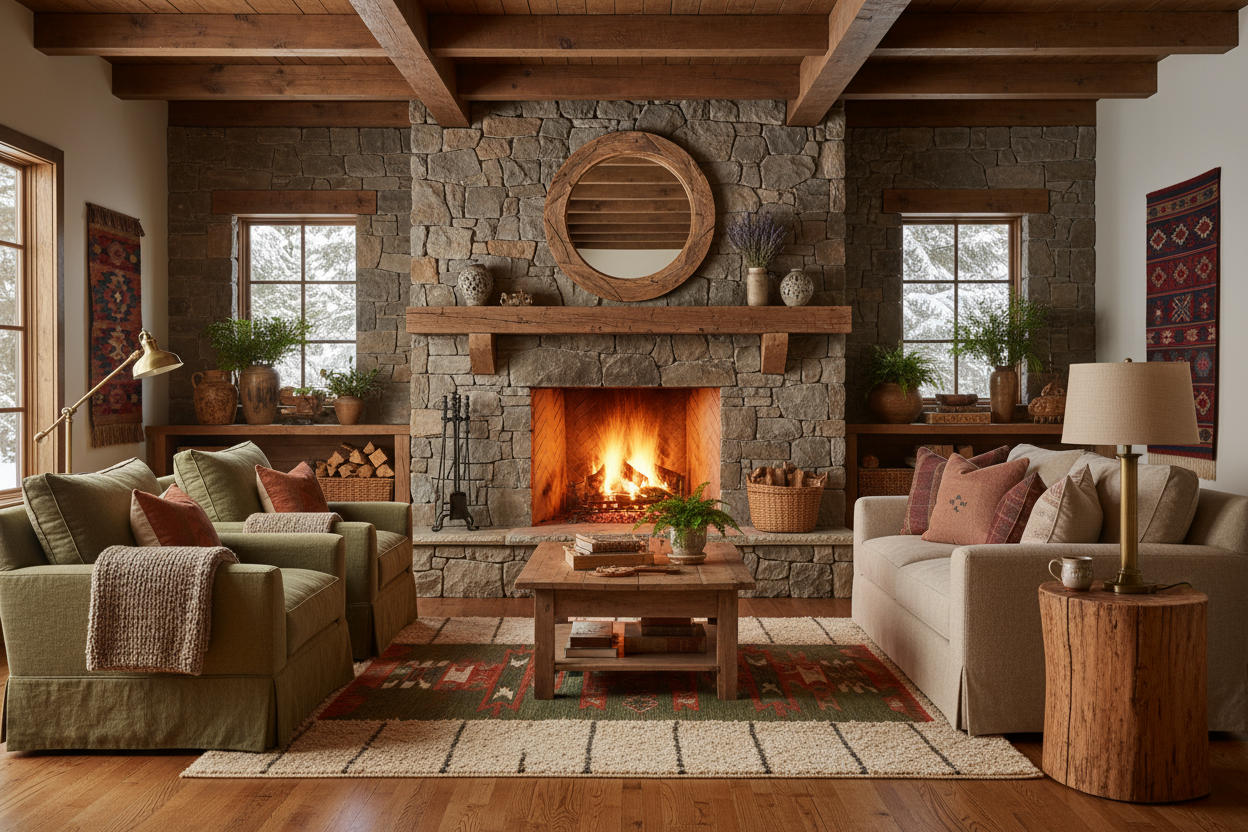 Rustic living room with fireplace